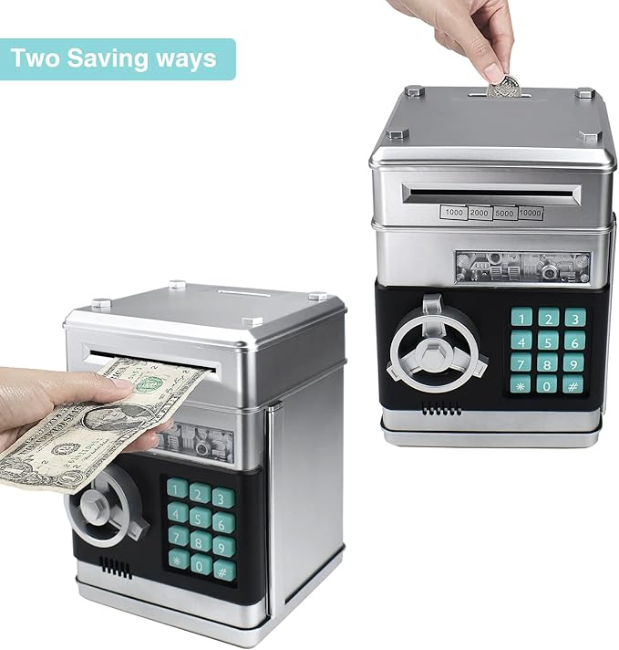 Piggy Bank for Kids, ATM Electronic Password Cash Coin Bank, Money Saving Box for Kids, Boys Girls Birthday Gift (Silver)
