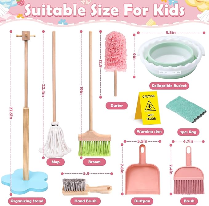 Lonico Wooden Kids Cleaning Toy Set for Toddlers Mop Broom and Dustpan Set, 12 Pcs Detachable Housekeeping Playset with Bucket Duster Brushes Pretend Play Cleaning Toys Gift for Boy Girl Age 3 4 5 6