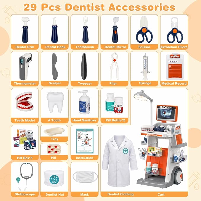 Dreamon Doctor Kit for Todders 3-5 Pretend Play Toys - 29 Pcs Kids Dentist Cart Play Set with Light and Costume - Role Play Medical Toy for 3+ Year Old Boys and Girls Christmas Birthday Gifts