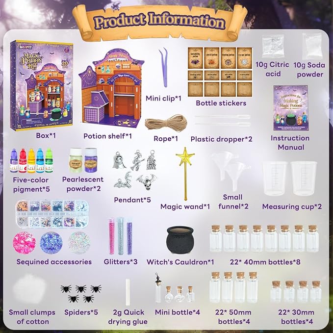 BEIREG Magic Potion Kits for Kids, Potion Making Kit with 20 Magic Mixed Potion Bottles & Witches Cauldron, Mystery House Craft for Christmas Halloween Crafts Gifts for Kids Girls 6 7 8 9 10+