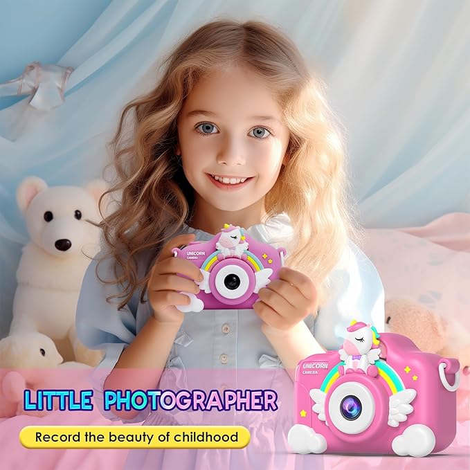 Unicorn Camera for Girls Boys with Cartoon Silicone Cover, Digital Mini Toddler Camera Toys for 3 4 5 6 7 8 9 10 11 12 Year Old Kids Birthday Chirstmas Gifts - Personal Video Players (Unicorn Pink)