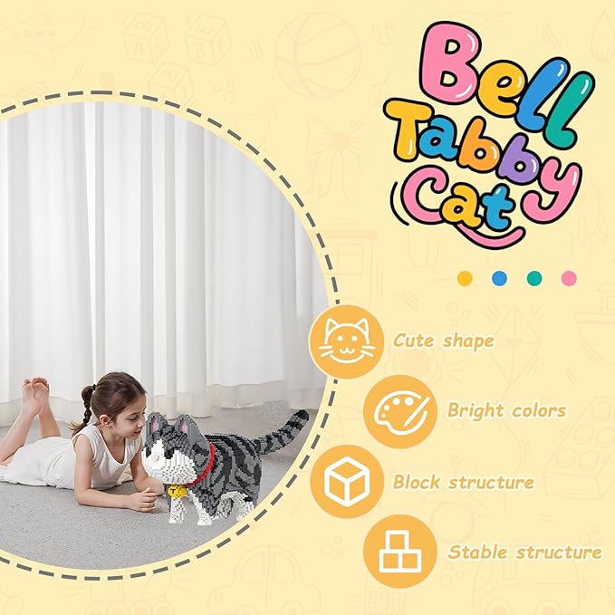 Animal Gray Striped Bell Cat Micro Mini Building Blocks Sets Large Cute Cat Building Kits Model Toys Gift for Adults Kids Teens 6500 PCS