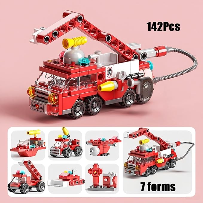 City fire Truck Building Block Toy (142 PCS) – 7-in-1 Fire Truck & Rescue Set, STEM Learning Toys for Kids Ages 6-12, Creative Construction Kit for Birthday Gifts