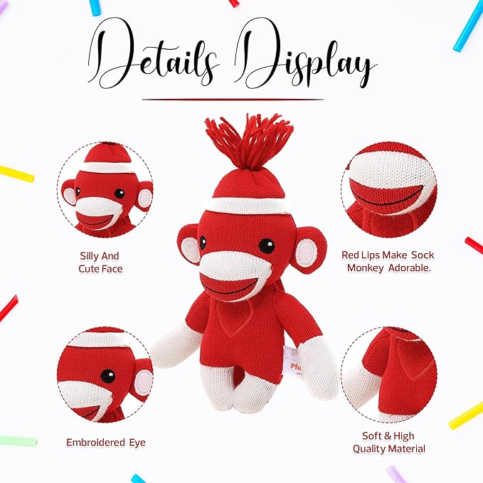 Adorable Sock Monkey 6 Inches, The Original Traditional Hand Knitted Stuffed Animal Toy Gift-for Kids, Babies, Teens, Girls and Boys Baby Doll Present Puppet (Red)