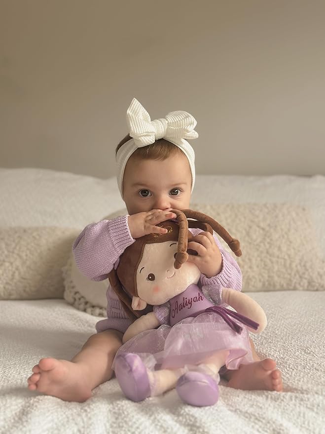 Personalized Soft Baby Doll Toys for Girls (16''), My First Birthday Gift, Christmas Dolls, Leya Doll Baby Rag Doll Plush Toys for Toddler Kids Infants -Princess Coral - Violet