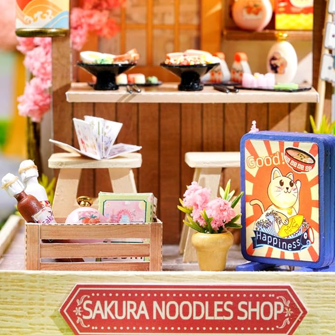 OZJAY DIY Miniature House Kit with Dust Proof Cover, 1:24 Scale Creative Room Mini DIY Wooden Dollhouse Miniature Kit for Adults Teen-Sakura Noodle Shop