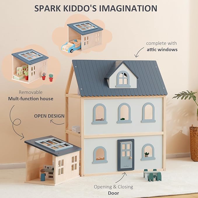 PairPear Large Wooden Dollhouse, 3 Story Play House with 64 Pieces Furniture Accessories & Garage, Pretend Play Family Dollhouse Gift for Kids 3+