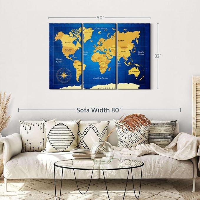 ElephantStock Yellow Longitude World Map Multi Piece Canvas - 3 Panel Wall Decor - Map of the World Art - Canvas for the Office and Home - 50" X 32"