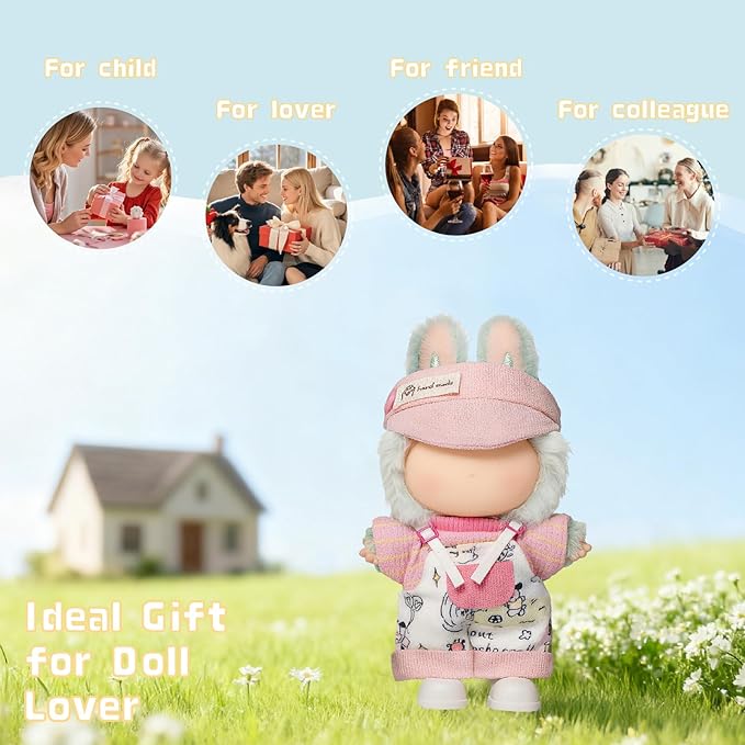 4-Piece Clothes for 17cm Doll, Cute Outfit Set with Hat, Sweater, Overalls, Shoes, Stylish Adorable Dolls Accessories for Display & Dress-Up (No Doll)