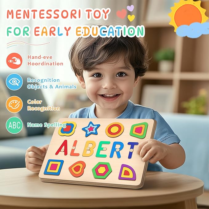 Name Puzzle for Kids Personalized, 1 Year Old Boy Gifts, Personalized Puzzles for Toddlers 1-3, Custom Name Puzzle, Montessori Toys for 1-3 Years Old(Shape)