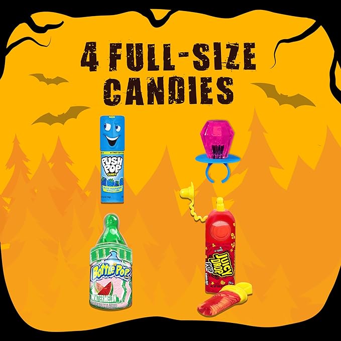 Halloween Candy Variety Pack Bag, 4 Ct Individually Wrapped Lollipops, Ring Pop, Push Pop, Baby Bottle Pop & Juicy Drop For Birthday Party Favors, Trick or Treat, Halloween Candy Bowls, Kids Gifts