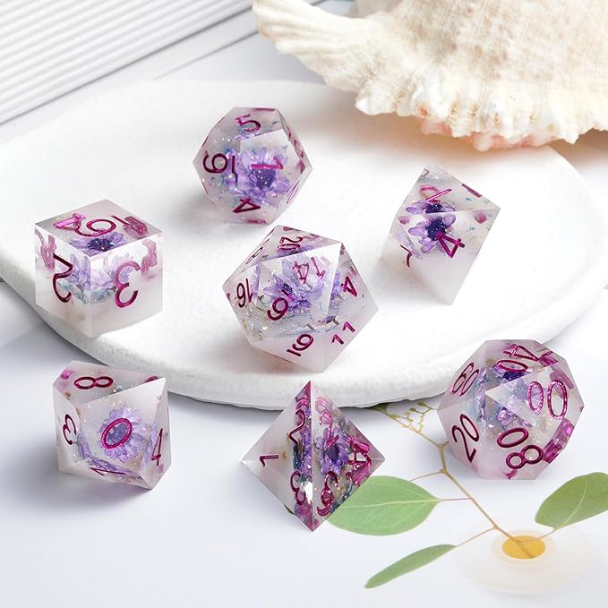 Flower DND Dice ,DNDND Handmade Double-Layers Resin Sharp Edge Die with Gift Case for D&D Dungeons and Dragon Games (Purple Flower)