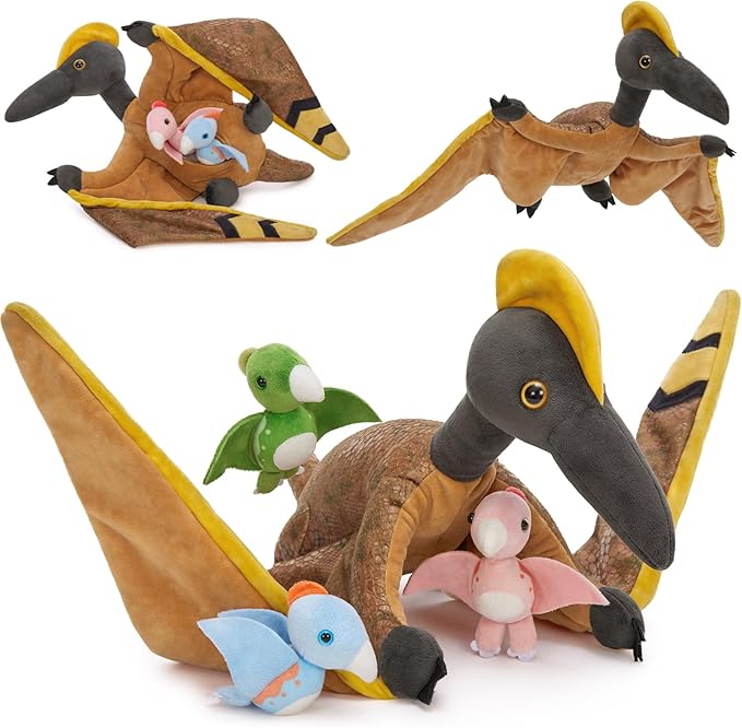 MaoGoLan Pterodactyl Plush Pteranodon Stuffed Animals for Kids, 37 inch Giant Plush Dinosaur Toy Large Pterosaur Mommy with Babies - Dino Squad Party Favors Decorations