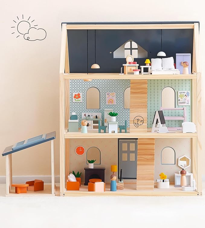 PairPear Large Wooden Dollhouse, 3 Story Play House with 64 Pieces Furniture Accessories & Garage, Pretend Play Family Dollhouse Gift for Kids 3+