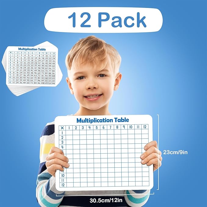 Aizweb 12 Pack Multiplication Chart Dry Erase Board Card,12" x 9" Multiplication Table Times Table Small Whiteboard Math Manipulatives for Kids Student Classroom Must Have Homeschool Teacher Supplies