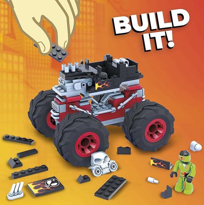 MEGA Construx Hot Wheels Monster Trucks Toy Car Building Set, Bone Shaker with 194 Pieces, 1 Micro Action Figure Driver, Red, Kids Age 5+ Years