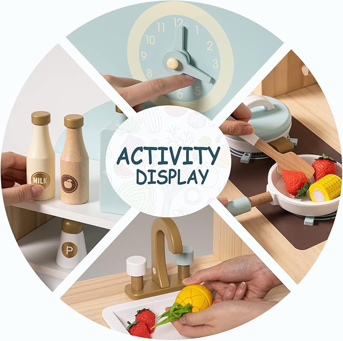 ROBOTIME Wooden Kitchen for Kids Play Kitchen, Toy Kitchen Set for Kids Kitchen Playset with Plenty of Play Features, Realistic Toddler Kitchen Set, Gift for Girls Boys Ages 3+