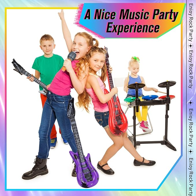 24 Pcs Colorful Inflatable Instruments Rock Star Toy Set Including 12 Pcs Plastic Microphones, 12 Inflatable Guitars and 1 Inflator for Musical Concert Themed Party Decoration