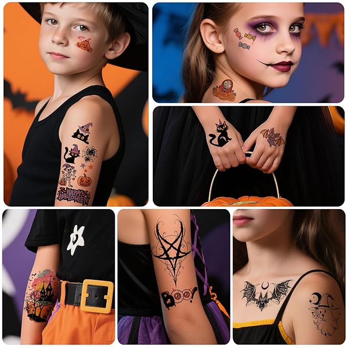 77 PCS Halloween Temporary Tattoos Adult Kids, 17 PCS Half Sleeve Pumpkin Bat Crow Witch Skull Fake Tattoos, 60 PCS Spider Cat Ghost Scar Tiny Realistic Face Body Tattoos Stickers