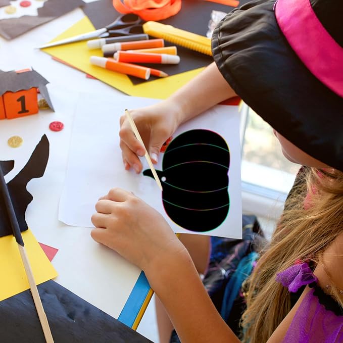 Jenaai 150 Set Halloween Scratch Art Halloween Paper Crafts Kit, 50 Pumpkin Scratch Cards Ornaments 50 Wooden Sticks 150 Ribbons for Rainbow Art Trick or Treat Party Supplies Game Goodies Gifts