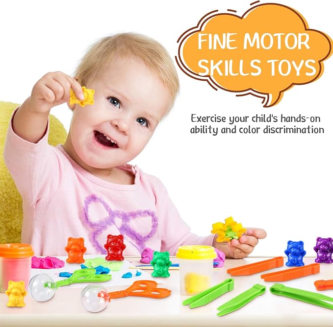 74 Pieces Counting Sorting Bears Sensory Bin Tools Fine Motor Skills Handy Scoopers Set Includes 60 Cute Rainbow Sorting Bears, 6 Jumbo Tweezers, 2 Scissors Clips and 6 Colorful Cups
