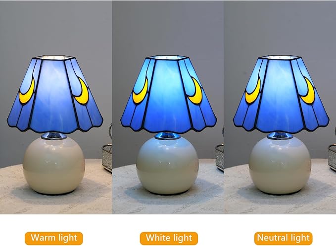 Mushroom Lamp Tiffany Stained Glass Moon lamp Cute Small Bedside Table Lamps for Living Room Home Decor,Girls Women Birthday Christmas Thanksgiving Day Gift,Blue