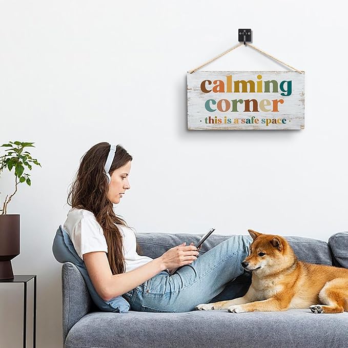 Calming Corner Hanging Wood Sign Plaque - Safe Space, Classroom Decor, School Counselor Office, Calm Down Corner Decorations, Boho Decor (Yellowish White), 12x6