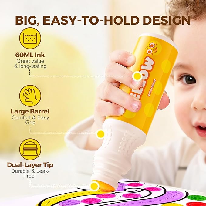 Jar Melo Washable Dot Markers, 6 Colors Dot Paints with 108 PDF & 10 Physical Activity Papers, Non-Toxic Bingo Daubers for Toddlers 1-3 2-4