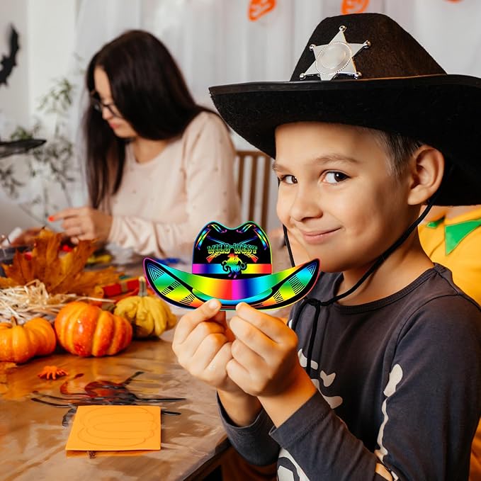 Hungdao 80 Pcs Western Cowboy Scratch Cards for Kids Colorful Rainbow Cowboy Scratch Paper Art with Wooden Stylus for Western Theme Birthday Party Classroom DIY Activities (Classic Style)