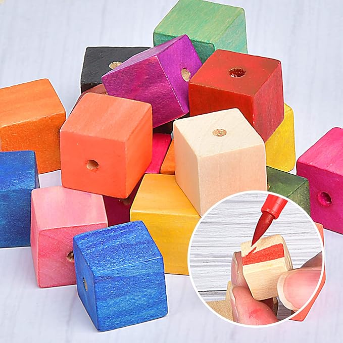 Supkiir Wood Craft Cubes, 100PCS Small Wooden Holes Craft Blocks, Unfinished, 0.63"-16mm Cubic