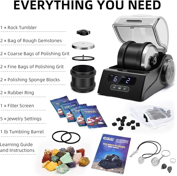 Rock Tumbler Kit Adults - Rock Polisher Tumbler with Noise Reduction Cover, Speed&Timer Control, Includes 4 Polishing Grits, Rough Gemstones, Learning Guide etc., Great Science Gift for All Ages