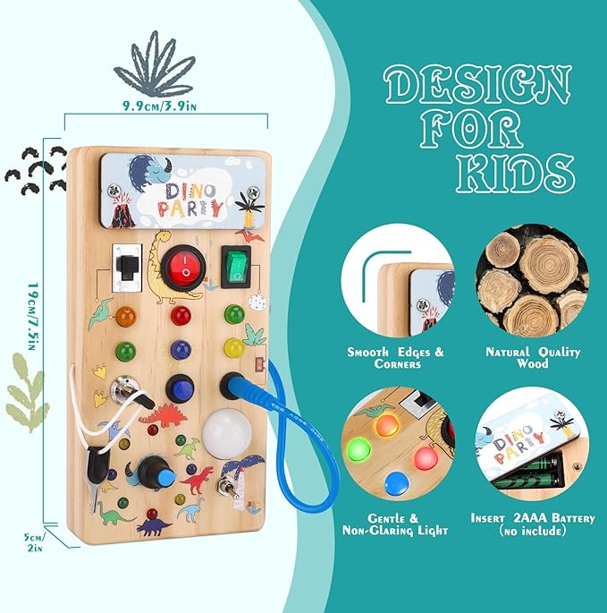 Dinosaur Busy Board with 8 LED Light Switches, Toddler Montessori Busy Board with Light Switch, Sensory Travel Toys, Montessori Toys for 1+ Year Old Boys