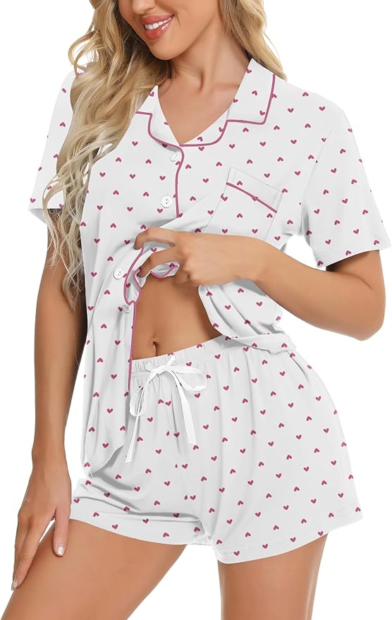 SWOMOG Womens Button Down Pajamas Set Short Sleeve Sleepwear Bride Soft Pj Lounge Sets XS-3XL