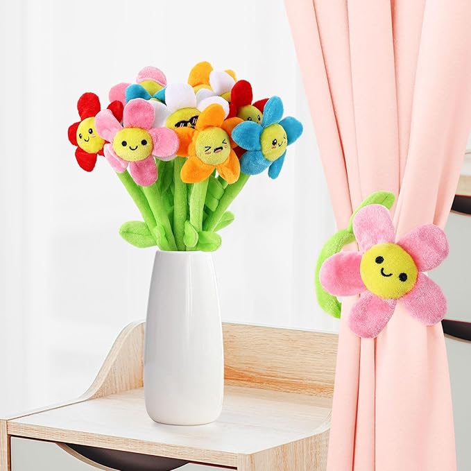 18 Pcs Plush Smile Flower Stuffed Bendable Stems Plush Bouquet Toy Soft Floral 12.6 Inch for Graduation 2025 Mother's Day Valentines Day Girl Girlfriend Wife Family and Friends(Cute Style)