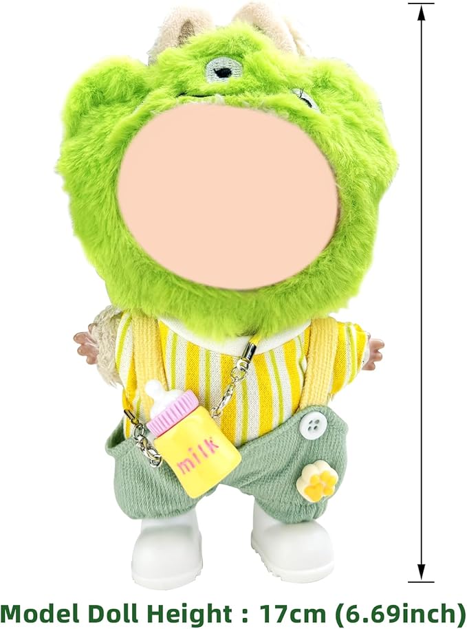 5 Piece Set -Premium Fashion Cute Clothes for 17cm Dolls,Stylish Accessaries Clothes Dress-Up,Includes—Plush Hat + Striped Top + Overalls + Bottle Charm + Shoes (Style K)