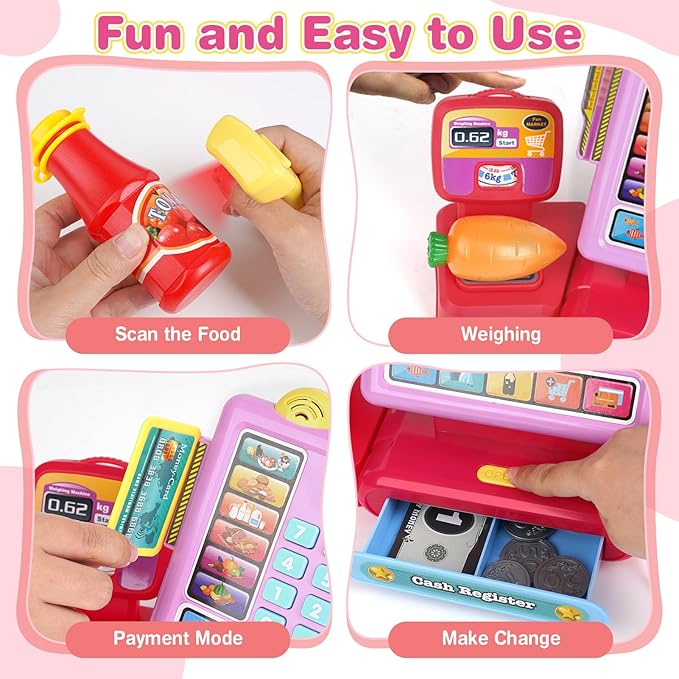 Dreamon Kids Cash Register Toy, Pretend Play Calculator Register Toys with Scanner, Apron, Credit Card, Play Food and Shopping Bag, Grocery Store Playset Preschool Gift for Kids Girls Age 3 4 5 6 7