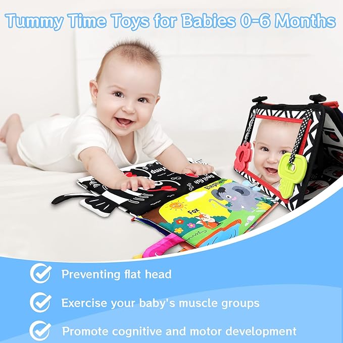 Tummy Time Mirror Newborn Toys: Black and White Infant Tummy Time Toys 0-3 0-6 6-12 Months Babies High Contrast Baby Toy with Baby Book & Teethers Montessori Sensory Floor Toy for Boy Girl Baby Gifts