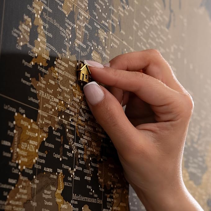 Canvas World Map with Cork Pin Board - English Lettering - Decorative Wall Decoration for All Rooms - Canvas Pictures with World Map Motif (150x100 cm, Pattern 5)