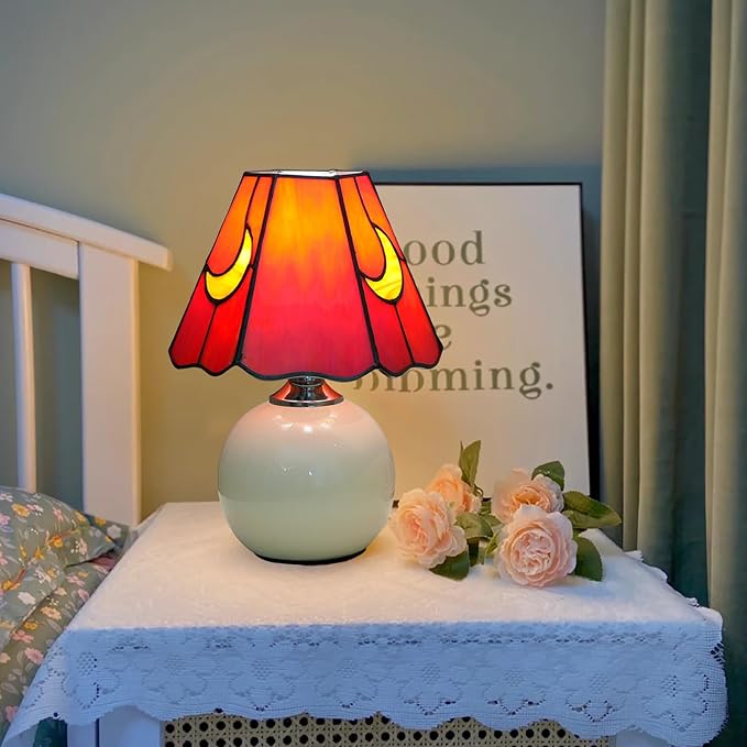 Mushroom Lamp Tiffany Stained Glass Moon lamp Cute Small Bedside Table Lamps for Living Room Home Decor,Girls Women Birthday Christmas Thanksgiving Day Gift,Red