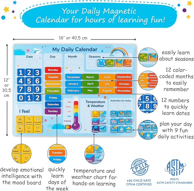 Simply magic 58 PCS Kids Calendar - My First Daily Magnetic Calendar with Weather and Feelings, Days of The Week, All About Today Board – Preschool Learning Chart for Wall or Fridge, Circle Time