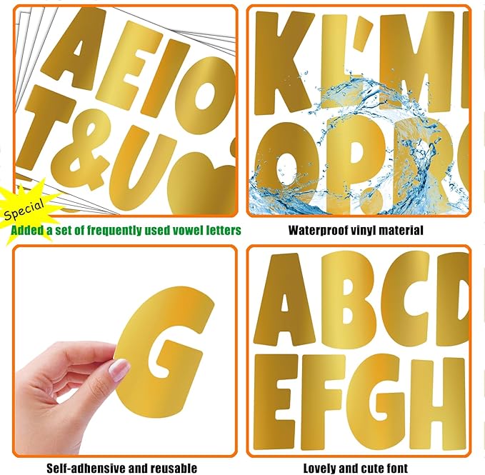 Bemeol Letter Stickers 378 Pcs Bulletin Board Letters for Classroom 4 Inch Alphabet Cutout Letters for Poster Board Display Home Classroom School Decor(Gold)