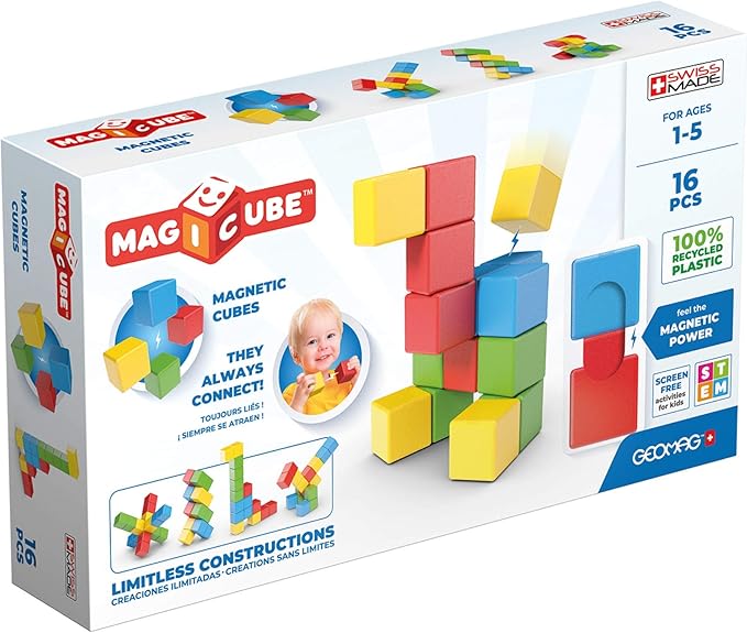 Geomag Magicube 16pcs Magnetic Blocks - Magnetic Building Blocks for Toddlers 1-3, Montessori Toys for 1+ Year Old, Autism Sensory Product, Magnets for Kids