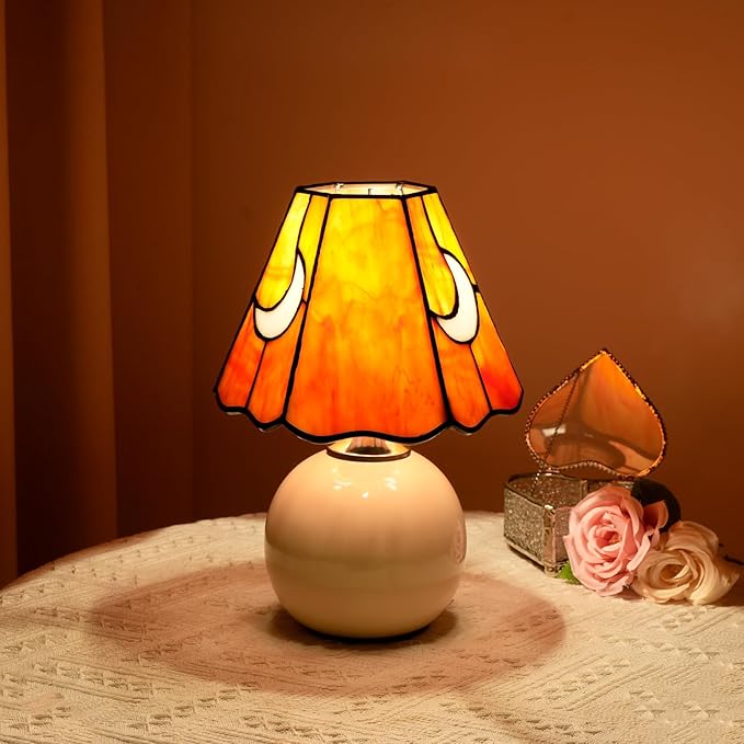 Mushroom Lamp Tiffany Stained Glass Moon lamp Cute Small Bedside Table Lamps for Living Room Home Decor,Girls Women Birthday Christmas Thanksgiving Day Gift,Orange