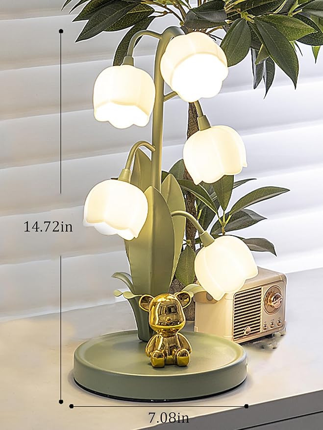 Green Flower Lamp for Home,Bedside Vintage Table Lamps,5 Lily of The Valley Reading Lights,3 Colors Modes Kawaii Bedside Lamp Decor,with G4 Bulb Nightstand Light for Living Room Office Bedroom