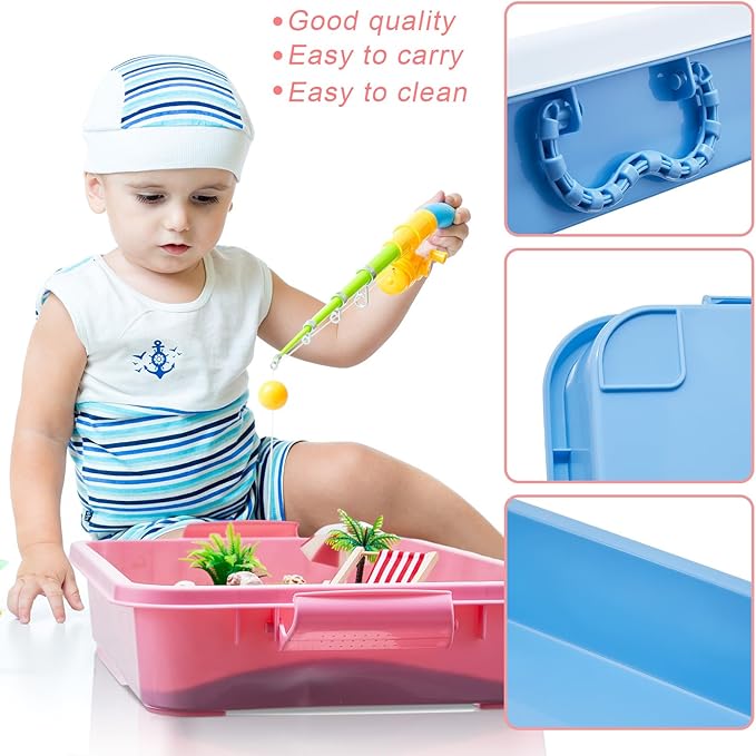 Suzile 3 Pcs Portable Sensory Bin Sand Tray with Lid, 15 Inch Colorful Plastic Sandbox Toy, Large Play Tray Fill with Sand, Water, Beads, and More, 3 Colors(Blue, Orange, Pink)