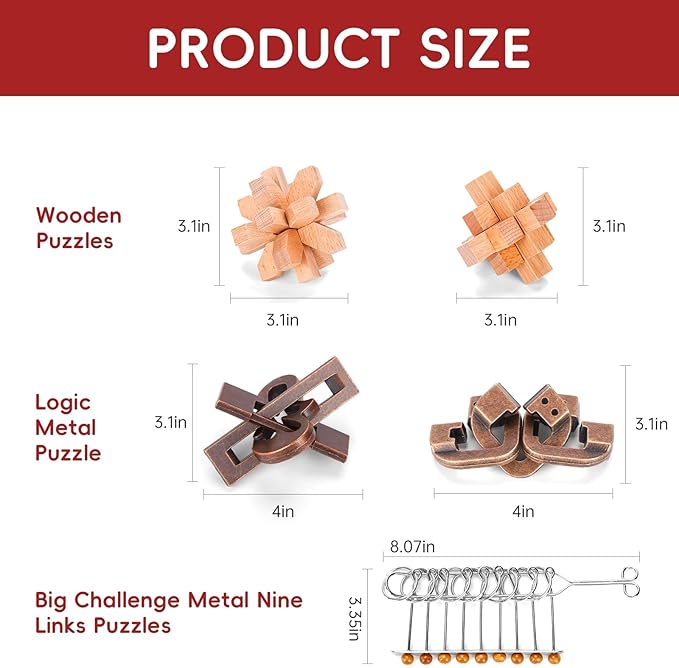 17 Pcs Brain Teaser Puzzles for Adults Teens - Metal Puzzles 3D Puzzle Game Toys for Adults Teens - Wooden Unlock Interlocking Puzzle Adult IQ Education Smart Toy