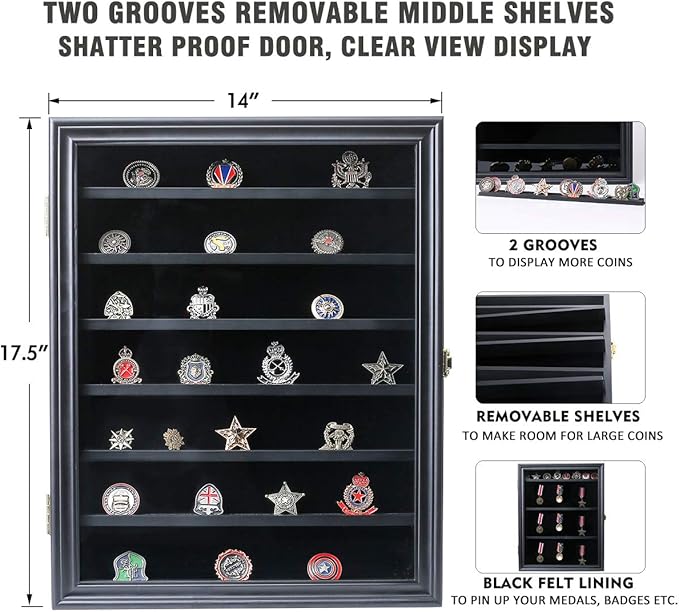Military Challenge Coin Display Case Lockable Wood Cabinet Rack Holder Black Shadow Box with Removable 2 Grooves Shelves and Anti Fade Real Glass Door for Casino Poker Chips Collectibles