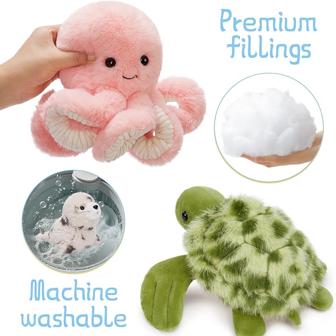 MaoGoLan 6Pcs Sea Animal Plush Toys Ocean Stuffed Animals for Kids, Large Bulk Party Favors with 10'' Plush Whale Shark Turtle Seal Orca Octopus, Classroom Decorations Christmas Valentine's Day Gifts