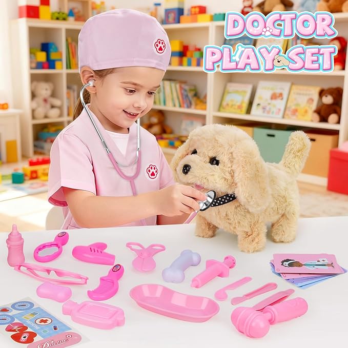 Doctor Kit for Toddlers, 27 Pcs Veterinarian Playset with Walking Dog Toy, Carrying Bag, Stethoscope & Dress Up Costume, Pretend Play Vet Toy for Girls Christmas Birthday Gift Ages 3-6