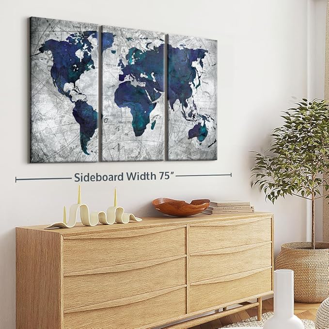 ElephantStock Deep Blue World Map Multi Piece Canvas - 3 Panel Wall Decor - Map of the World Art - Canvas for the Office and Home - 65" X 42"